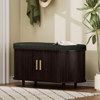 DHH 2-Tier Storage Bench,Wide Shoe Bench with Thickened Padded Seat Cushion, Mid Century Modern Fluted Sliding Door and Adjustable Shelf, for Entryway, Living Room, Bedroom (Dark Walnut, 35.4“) - Image 3