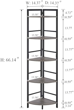BON AUGURE Industrial Corner Shelf Stand, Tall Corner Bookshelf, Wood Metal 5 Tier Bookcase Shelves, Display Shelving Unit for Kitchen, Living Room (Dark Grey Oak) - Image 2