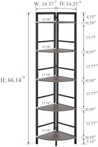 BON AUGURE Industrial Corner Shelf Stand, Tall Corner Bookshelf, Wood Metal 5 Tier Bookcase Shelves, Display Shelving Unit for Kitchen, Living Room (Dark Grey Oak) - Image 2