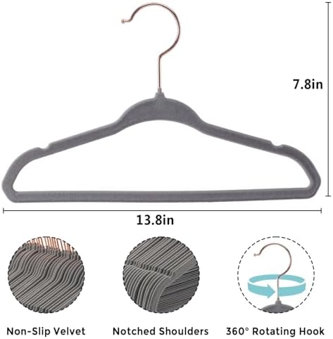 14 Inch Kids Velvet Hangers 50 Pack, Non-Slip Child Hangers, Space-Saving Closet Hangers for Big Kids & Youth, Durable Felt Kids Hangers with 10 Clips & 360° Rose Gold Hook (Gray) - Image 2