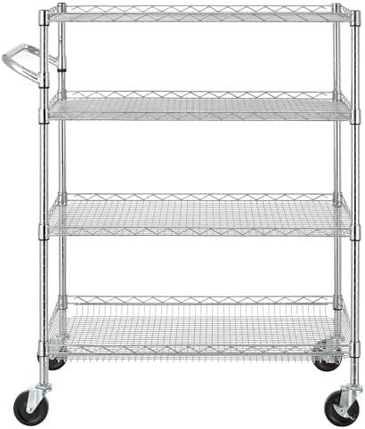Finnhomy 4 Tier Heavy Duty Commercial Grade Rolling Cart with Handle Bar, Metal Wire Utility Cart with Wheels, Kitchen Service Trolley on Wheels, Shelf Size 18" D x 36" W, NSF, Chrome - Image 6