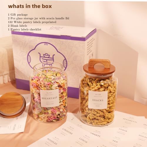 2 Pack Large Glass Flour and Sugar Containers with 132 Pantry Labels - 64 FL OZ Glass Canisters with Bamboo Airtight Lids - Farmhouse Glass Cookie Jars for Rice, Pasta, Cereal, Bath Salt - Image 2
