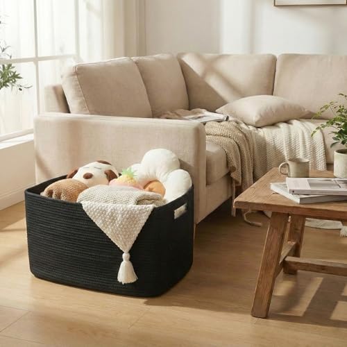 JMvicyroam 65L Large Woven Cotton Rope Blanket Basket, Black - Image 2