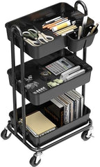 Simple Houseware 3-Tier Rolling Utility Cart with Hanging Bucket, Black - Image 2