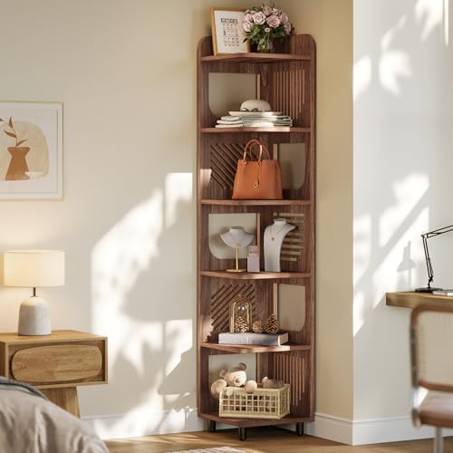 Tribesigns 6-Tier Corner Bookshelf, Tall Narrow Corner Shelf Bookcase with Hollow Design, Farmhouse Skinny Display Shelf for Living Room, Bedroom, Small Space, Brown - Image 3