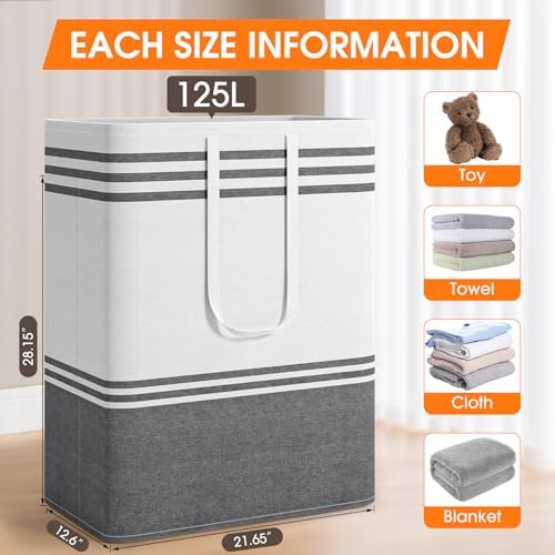 2 Pack Large Home Laundry Basket, Laundry Hamper, Freestanding Waterproof Dirty Clothes Bag, Tall Clothes Hamper - Extended & Reinforced Handles for College Dorm, Family (Light Grey/125L) - Image 2