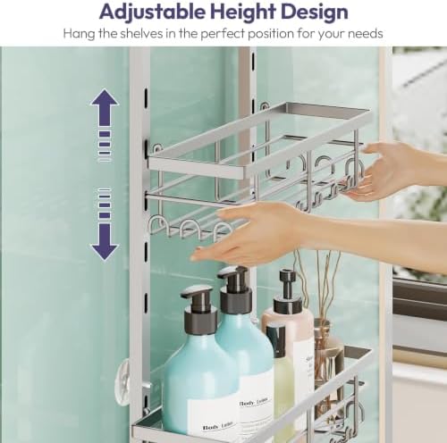 SWTYMIKI Over The Door Shower Caddy - 4 Tier Rustproof Hanging Shower Organizer with Adjustable Shelves, 40 Hooks & Soap Holder, Hanging Shower Rack Storage for Bathroom Accessories, Silver - Image 2
