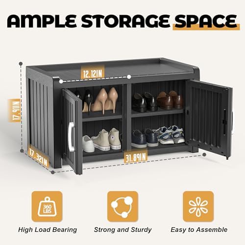 ROJIK Shoe Cabinet Waterproof UV-Resistant,Storage Bench Indoor Outdoor with Adjustable Shelves,for Entryway Bedroom,Hallway,Living Room(Double Door, Deep Black) - Image 3