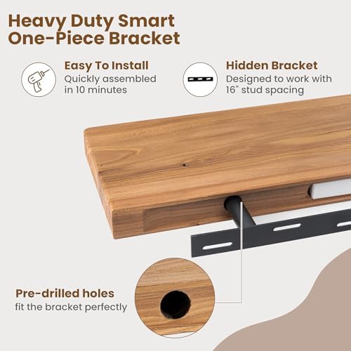 Floating Shelves for Wall, 48"Wx8"D Rustic Solid Elm Wood Floating Shelves Wall Mounted, Round Edge Wall Shelves with Invisible Bracket for Living Room Bathroom Bedroom Kitchen, Set of 1, Natural - Image 6