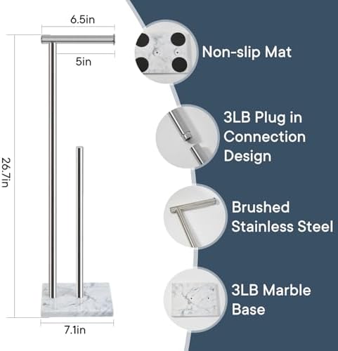 Toilet Paper Holder Stand with Weighted Natural Marble Base, Bathroom Free Standing Toilet Paper Roll Holder with Reserve, Standing Toilet Tissue Holder with Storage (Brushed Nickel, with Storage) - Image 2