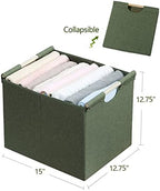 HOONEX Large Collapsible Storage Bins, Linen Fabric, Pack of 2, Storage Baskets with Wooden Carry Handles and Sturdy Heavy Cardboard, for Home, Office, Car, Nursery, Olive - Image 7