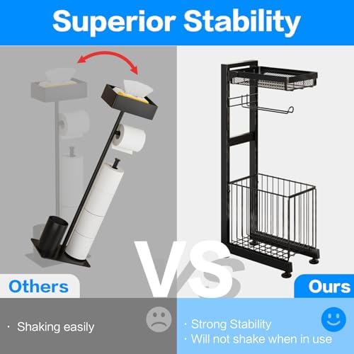 Toilet Paper Holder Stand with Storage Shelf - Multi Tier Metal Toilet Paper Stand with Large Basket for Tissue Rolls, Wipes (Black) - Image 7