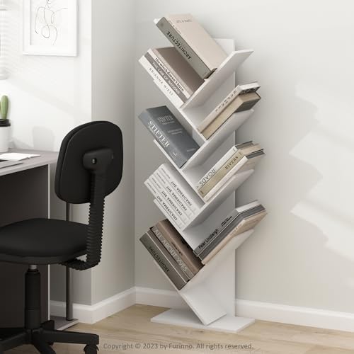 Furinno TREE Book Shelf, 9-Tier Bookshelf, Tree Bookcase with Angled Open Shelf, 8.4 x 15.7 x 50.9, for Room Decor, for Living Room, Bedroom, Home Office, White - Image 2