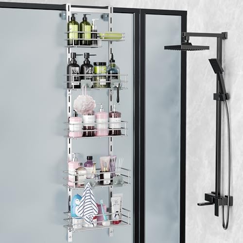 Orimade Over the Door Shower Caddy Adjustable 5 Tier Silver Grey,Bathroom Hanging Organizer Shelf Rustproof with 4 Hooks,Shower Basket with Soap Holder and Suction Cup by Orimade