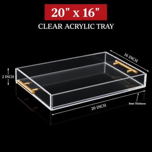 Clear Acrylic Tray 20x16” with Golden Metal Handles - Large Plastic Tray for Serving Guests, Countertop Organization, Ottoman Coffee Table & Vanity – Modern Decorative Tray for Home & Office - Image 3