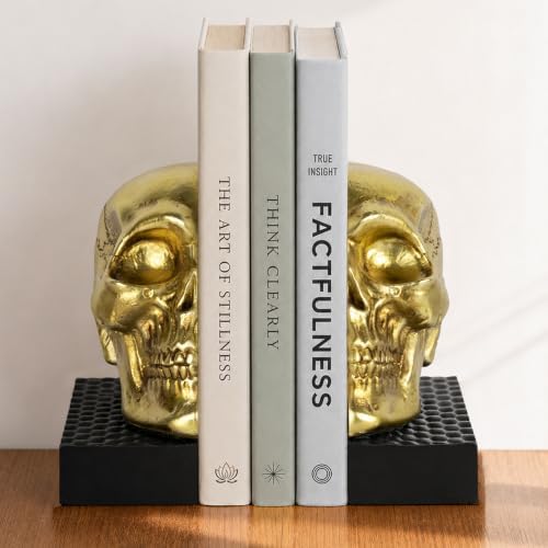 Skull Book Ends, Decorative Bookends for Shelves, Vintage Style Skull Bookend Design Resin Skeleton Human Head Statue Halloween Décor (Gold) by MXARLTR