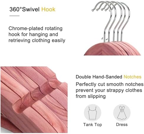 TOPIA HANGER 20-Pack American Red Cedar Wooden Hangers, Clothes Hangers for Closet, Wood Coat Hanger with Smooth Cut Notches, 360° Swivel Hook, Non-Slip Pants Bar-CT54C20 - Image 3