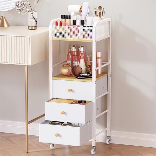 HapiRm Rolling Makeup Cart Organizer - Floor Skincare Make Up Storage with 3 Non-woven Fabric Drawers, Vanity Organizer Cosmetic Display Cases Holder for Skin Care Perfume Nail Polish Brush Hair Tool by HapiRm
