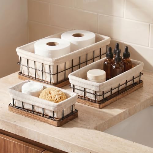 Set of 3 Decorative Basket Organizers, Sturdy Rustic & Farmhouse Decor Metal Wooden Baskets for Organizing, Wire with Liner, Perfect as Home, Kitchen or Bathroom Organizer by AuraNest
