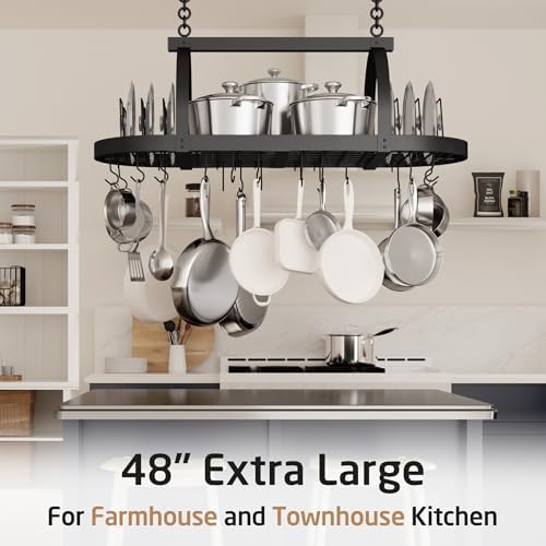 KES 48 Inch Large Ceiling Pot Rack with Lid Organizer, Oval Heavy Duty Hanging Pot Rack Ceiling Mount for Kitchen Over Island, Cast Iron Pan Hanger with 20 Hooks, 16" & 24" Joist Mount, Matte Black - Image 4