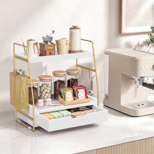 2-Tier Bathroom Counter Organizer with Drawer, Wood Counter Storage Shelf - Image 3