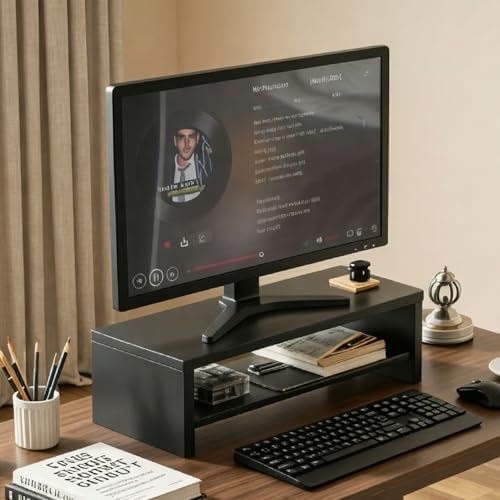 Wooden Monitor Stand Riser, 2-Tier Desk Shelf with Storage Organizer, Ergonomic Computer Stand, Storage Organizer for Laptop, Computer, Black, 15.7 Inch - Image 6
