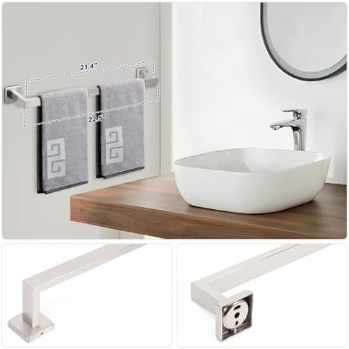 NearMoon 5 Pieces Bathroom Hardware Set 304 Stainless Steel, Square Towel Rack Kit - 24" Towel Rod + Towel Ring + Toilet Paper Holder + 2 Robe Hooks, Wall Mounted Bath Accessories (Brushed Nickel) - Image 4