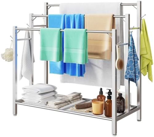 HavenlyYouth Free Standing Towel Rack for Bathroom, 3 Tier Blanket Drying Holder for Outside, Pool Towel Rack with Metal Shelf for Display and Storage, 35.8" H x 31.5" L x 11.8" W, Satin Nickel by HAVENLYYOUTH