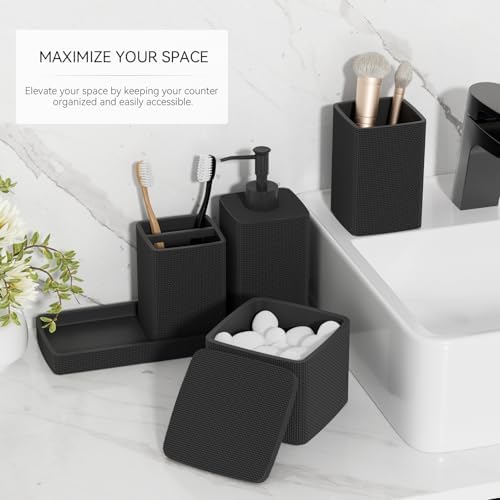 Matte Black Bathroom Accessories Set 5 Pieces, Resin Toothbrush Holders Set Complete with Soap Dispenser, Toothbrush Holder, Vanity Tray, Bathroom Tumbler and Qtip Holder for Small Spaces - Image 2