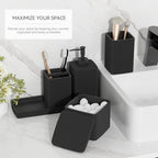 Matte Black Bathroom Accessories Set 5 Pieces, Resin Toothbrush Holders Set Complete with Soap Dispenser, Toothbrush Holder, Vanity Tray, Bathroom Tumbler and Qtip Holder for Small Spaces - Image 2