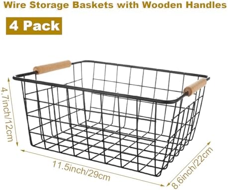 4 Pack Black Metal Wire Storage Baskets, Pantry Baskets for Organizing, Wire Food Storage Basket Organizer with Wooden Handles for Kitchen, Pantry, Freezer - 29 x 22 x 12cm - Image 2