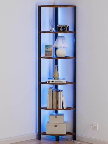 Furnulem 6 Tier Corner Shelf with LED Light, 67.5" Corner Narrow Bookshelf by Furnulem