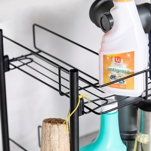 2-Tier Under Sink Organizer Multipurpose Movable Rolling Cart Storage Cabinet Basket for Bathroom Kitchen with Hand Towel Bar, Black - Image 3