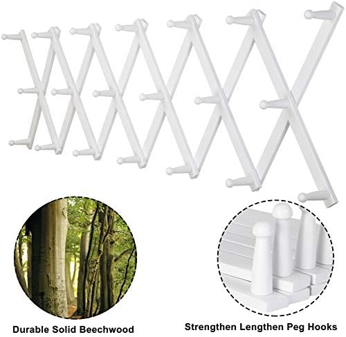 Dseap Accordian Wall Hanger: Wooden Coat Rack Wall Mounted, Hat Racks for Baseball Caps, Mug Rack, 20 Peg Hooks, White - Image 3