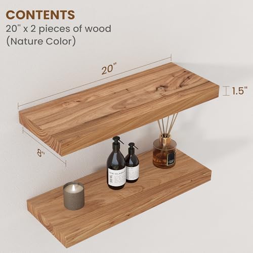 Floating Shelves for Wall Decor, 8" Deep Rustic Solid Elm Wood Floating Shelves Wall Mounted, Wall Shelves with Invisible Bracket for Living Room Bathroom Bedroom Kitchen, 20 Inch Set of 2, Natural - Image 2