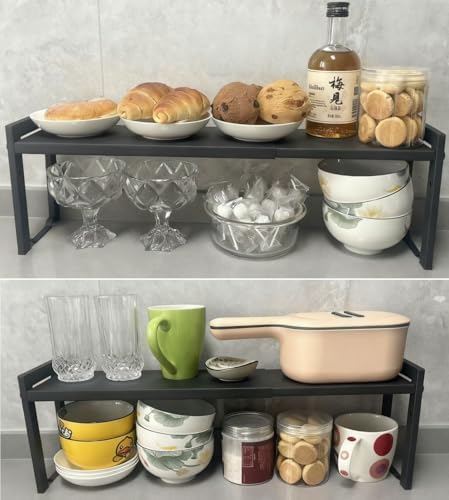 2 Pack Expandable Cabinet Shelf 5.1"D Adjustable Counter Riser Rack Black by Urhomeyplus