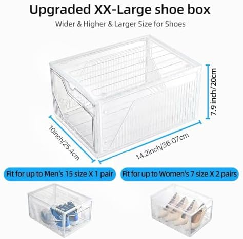 Large Shoe Boxes Clear Plastic Stackable，Drop Front Shoe Box with Clear Door, Shoe Containers For Sneaker Display,Fit up to US Size12 (white clear-Conjoined structure, 10 pack) - Image 3
