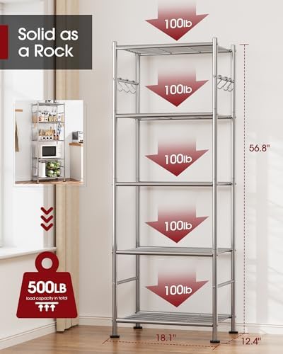 Sakugi Storage Shelves - 5-Tier Large Capacity Shelf Organizer with Hooks, Heavy-Duty Garage Shelving with Leveling Feet, Wobble-Free Rack for Bedroom, Balcony, Garage, 18.1"×12.4"×56.8", Silver - Image 3