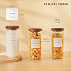 3 Pack Glass Canisters with Airtight Acacia Lids and 132 Kitchen Pantey Labels Preprint - 36 Fl OZ Borosilicate Glass Pantry Storage Jars Containers with Wooden Lids for Tea,Sugar,Cookie,Pasta,Candy - Image 4
