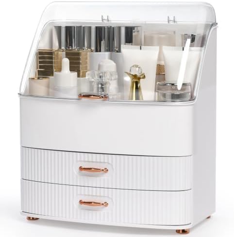 Makeup Organizer Countertop for Vanity with Lid and 2 Drawers, White by Brothersbox