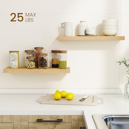 Dreamland 24Inch Floating Shelves for Wall, Rustic Wooden Floating Shelves for Bathroom|Bedroom|Kitchen, 2 Pack Deep Wall Mounted Book Shelf, Wood Storage Display Shelf for Home Decor, Oak - Image 2