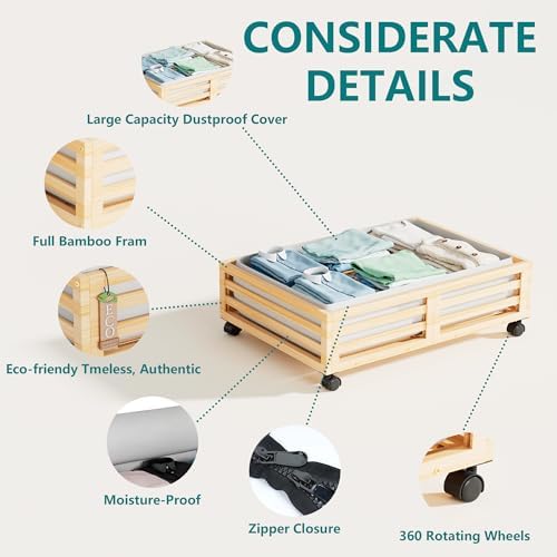 Wisuce 2 Packs Bamboo Under Bed Storage Organizer with Wheels Nature Small - Image 4