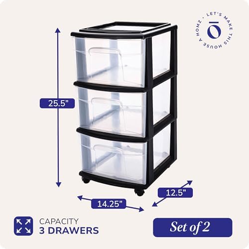 HOMZ Drawer Tower 3-Tier Storage Cart, Removable Wheels, Black Frame,2 Pack - Image 3