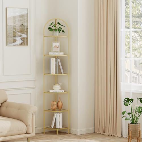 Homhedy 6-Tier Gold Corner Shelf Stand, Metal Corner Bookshelf by Homhedy