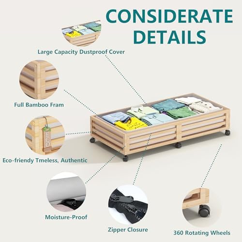Wisuce 2 Packs Bamboo Under Bed Storage Organizer with Wheels Nature Large - Image 3