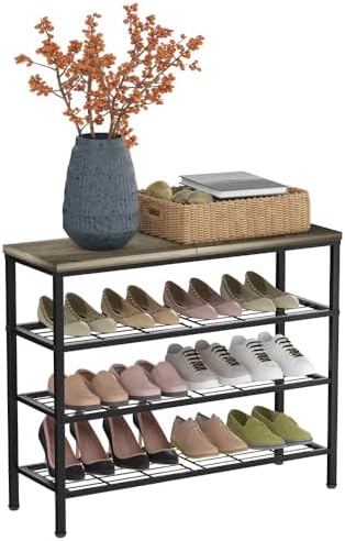 4-Tier Metal Shoe Rack with Wood Top - Durable & Space-Saving Shoe Organizer,Industrial Shoe Organizer Shelf Bench Storagefor Closet Entryway, Bedroom & Hallway - Gray + Black 28.5 W × 25.5" H by Glynym