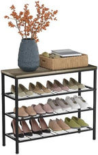 4-Tier Metal Shoe Rack with Wood Top - Durable & Space-Saving Shoe Organizer,Industrial Shoe Organizer Shelf Bench Storagefor Closet Entryway, Bedroom & Hallway - Gray + Black 28.5 W × 25.5" H by Glynym