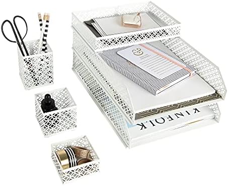 BLU MONACO | White Desk Organizer Set | 6 Piece Metal Desk Organizer with Pen Cup, Accessory Trays, and Letter Trays | Desk Organizers and Accessories for Office by Blu_Monaco
