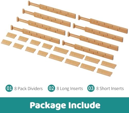 8 Pack Kitchen Drawer Dividers with Inserts, Bamboo Adjustable Drawer Organizers, Expandable Organization for Home, Dressers, 8 Dividers with 16 Inserts - Image 3