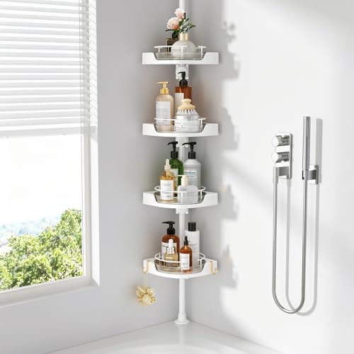 Coner Shower Caddy Tension Pole with 4 Lazy Susan Bathroom Corner Organizer 360° Rotating 35-128 Inch No Drilling Floor Standing Shelves Adjustable Shower Rack for Bathroom(White) by CVGETME